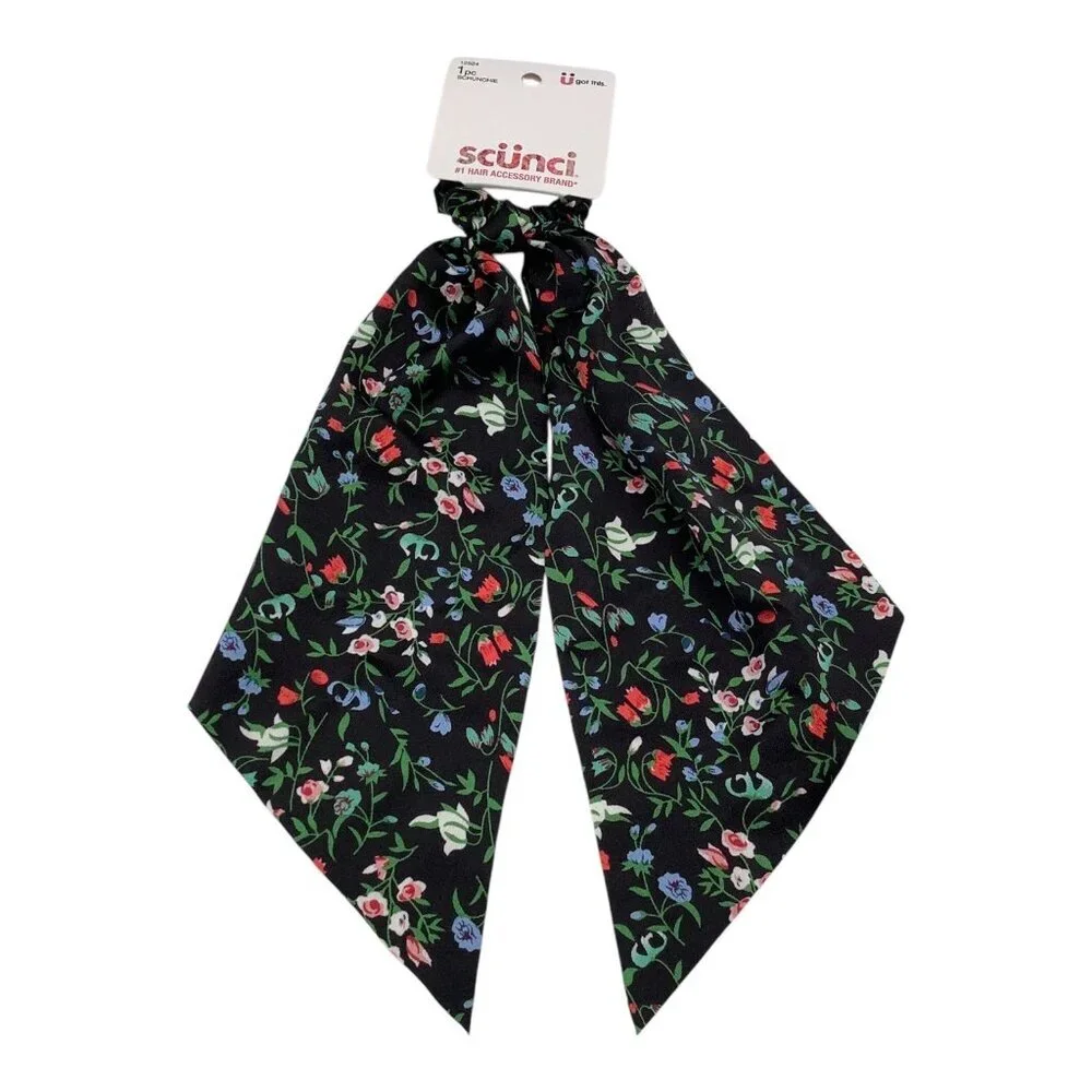 Scunci U Got This Women's Black Floral Satin Hair Scrunchie Scarf 12524